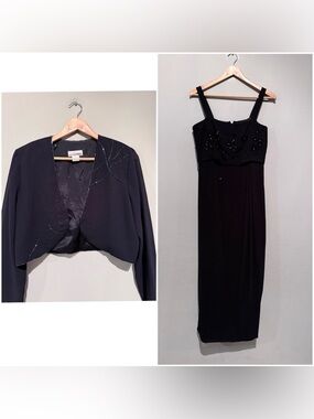 VINTAGE Y2K 2 Pc Set Dress/Jacket Beaded Black Long Gown Women 10p Party Formal